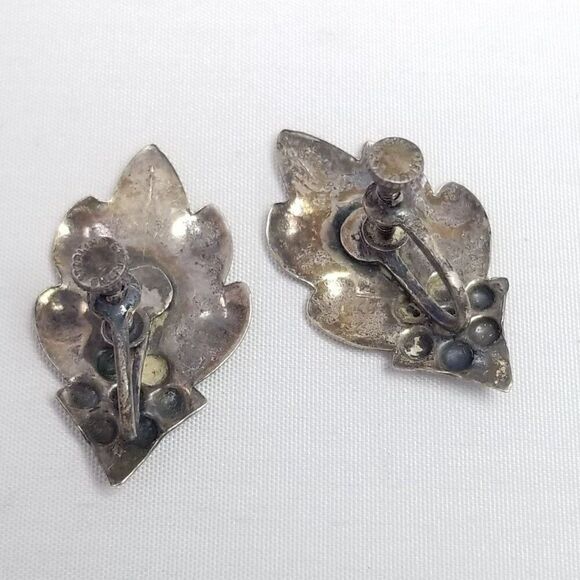 Vintage Sterling Silver Clip On Screw Back Earrings, Leaf Flower Berry Design - Picture 3 of 7